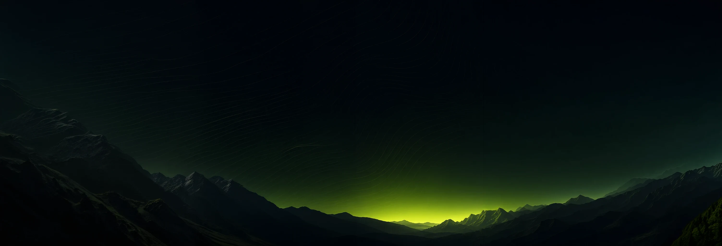 Dunkles Bergpanorama mit neongrünem Leuchten am Horizont