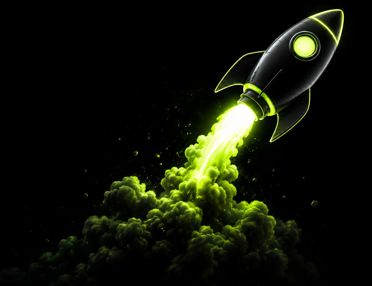Schwarze Rakete mit neongrünem Antrieb beim Start